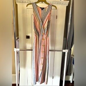 INDIGO REIN Maxi Dress XS Sleeveless Linen Blend Muted Stripes Button Details